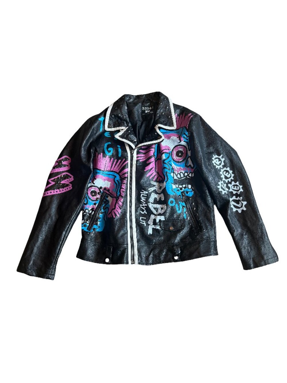 R3BEL Black Graffiti Skull Print Faux Leather Moto Jacket Cropped Size 3XL Men's
